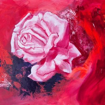 Droom in rood. Expressief schilderij in heldere kleuren. Intuïtief schilderij gebaseerd op een droom.