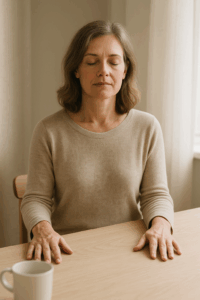 Vrouw die ontspant tijdens een korte begeleide meditatie – een moment van rust en thuiskomen bij jezelf.