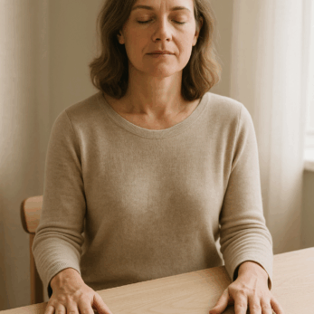 Vrouw die ontspant tijdens een korte begeleide meditatie – een moment van rust en thuiskomen bij jezelf.