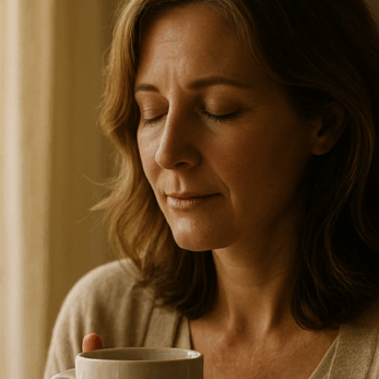 Volwassen vrouw (35-55) zit rustig in zacht ochtendlicht met een kop thee en notitieboek, neemt een moment om te ademen en te reflecteren.